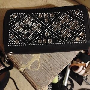 Black Studded Zip Wallet Clutch